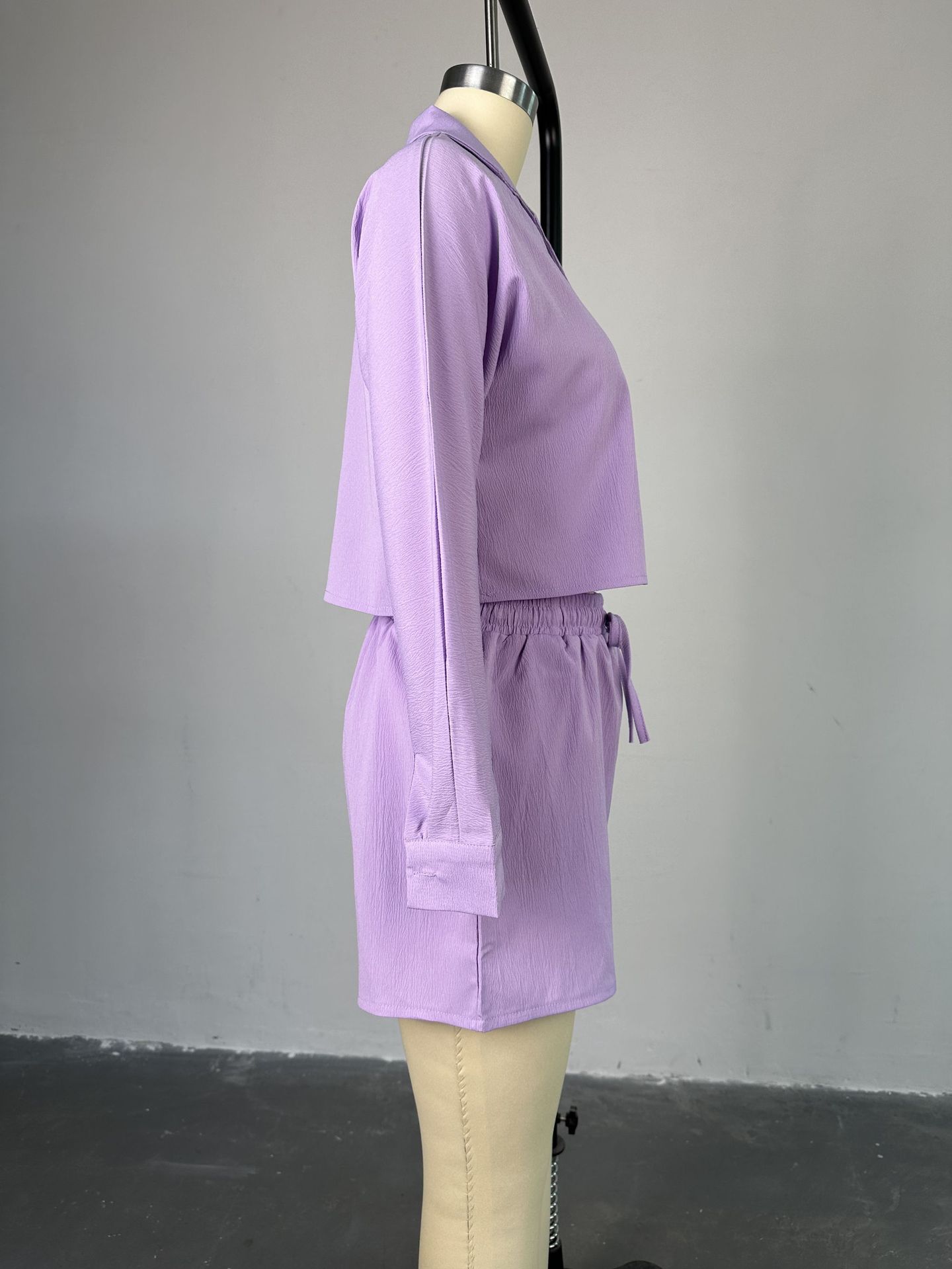 Women Clothing Summer Sweet Fresh Suit Collar Long Sleeve Shirt High Waist Drawstring Shorts Casual Suit