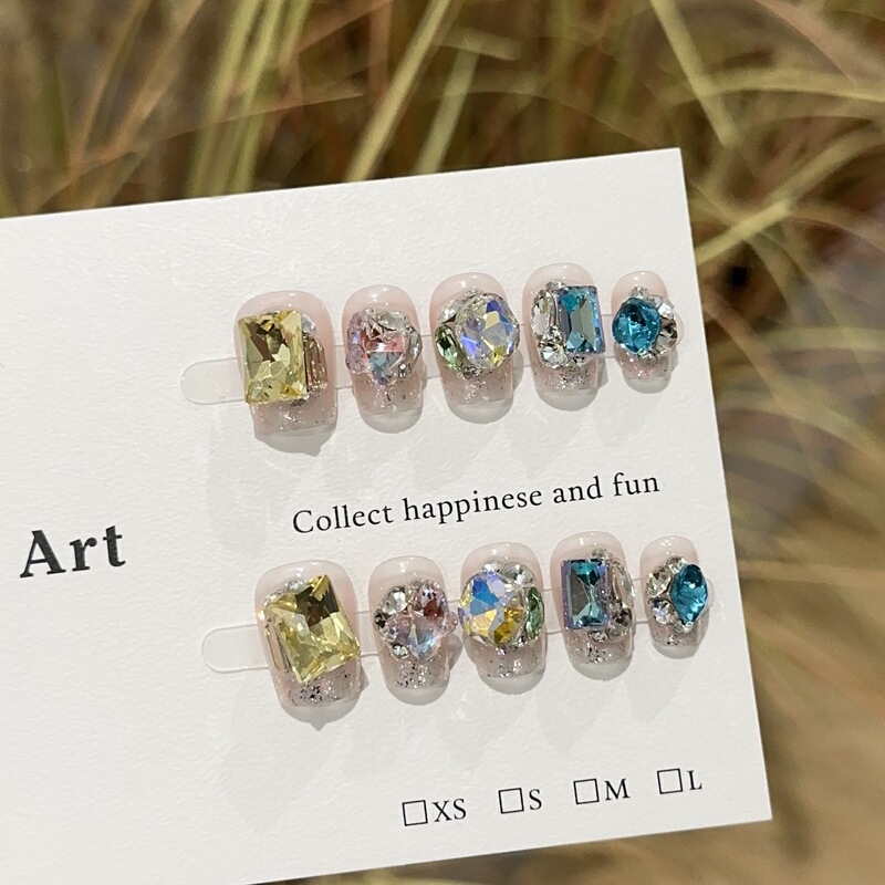 Purely Handmade Wearable Nails, High-End Pink Colorful Candy Pile Diamond Ball Short Manicure Pieces, Whitening Fake Nail Patches Purely Handmade Wearable Nails, High-End Pink Colorful Candy Pile Diamond Ball Short Manicure Pieces, Whitening Fake Nail Patches