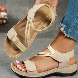New 2025 European and American Sandals for Women Cross-Border Foreign Trade Large Size Sewing Wedge Casual Velcro Sandals Wholesale