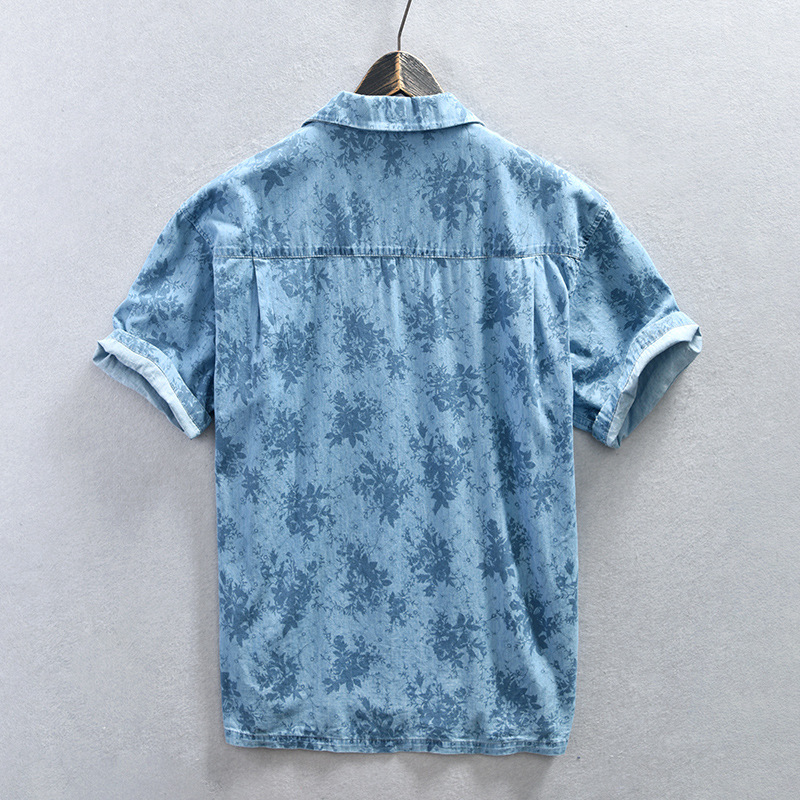 Camicia da uomo estiva alla moda con stampa floreale, colletto cubano, maniche corte in denim, disponibile per il dropshipping Z945_voghion.com