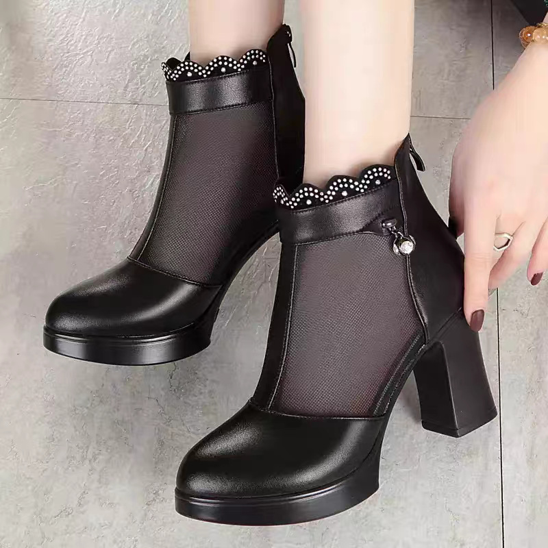 Boot nữ da thật cổ thấp gót vuông 5 cm mũi hở lưới thoáng khí — Đen/mũi hở