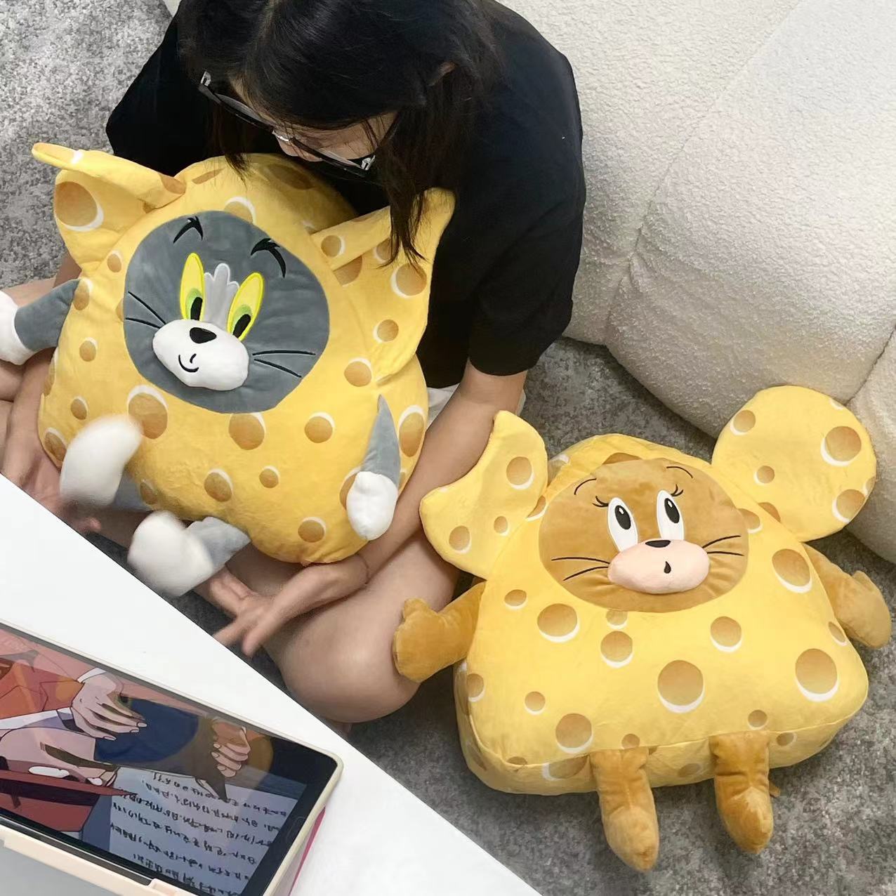 귀여운 만화 톰 고양이와 제리 마우스 치즈 머리 모양 베개 담요 허리 가방 휴일 선물