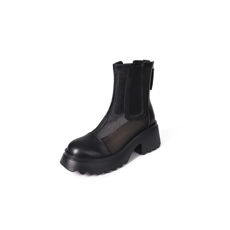 Boot ngắn nữ da bò mũi tròn đế dày thoáng khí khóa kéo sau — Màu đen, Màu mơ chi tiết 117