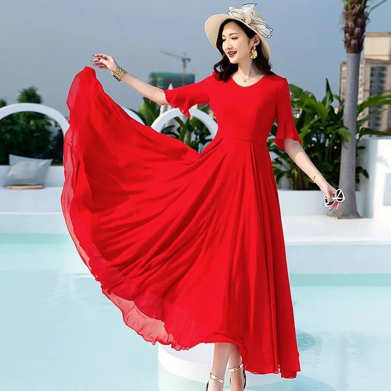 Long Skirt with Large Hem, New Summer Beach Long Skirt, Red Chiffon Dress, Women's Long Slimming Extra Long Dance Skirt