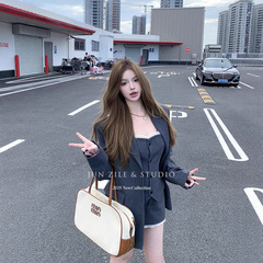 西装女套装秋冬高级感洋气外套蕾丝抹胸马甲上衣A字半身裙三件套
