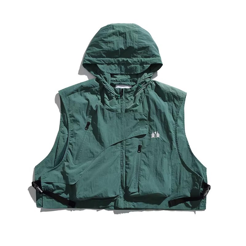 Japanese-Style Outdoor Functional Short Hooded Vest for Men, Trendy Retro Couple Mountain-Style Sleeveless Multifunctional Vest