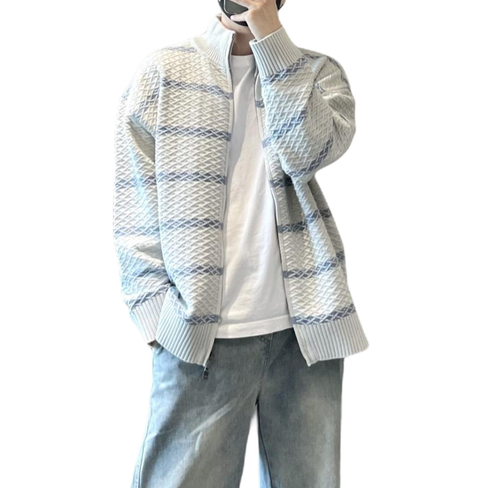 Explosiones transfronterizas de tamaño europeo de tamaño grande contraste a rayas cardigan jersey suéter texturizado hombre abrigo de cuello al por mayor fábrica