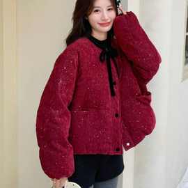 白枕鹤感法式风蝴蝶结系带烫钻棉服女冬季新款不臃肿加厚