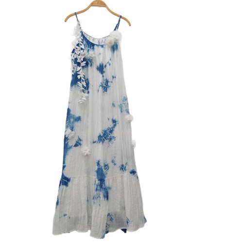Original Yunnan Pure Plant-Based Banlangen Handmade Tie-Dye Blue Dress, Artistic Long Gown with Straps