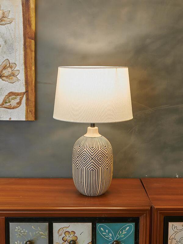Bohemian retro table lamp silent style ceramic living room study bedroom bedside lamp creative decorative fabric lamps