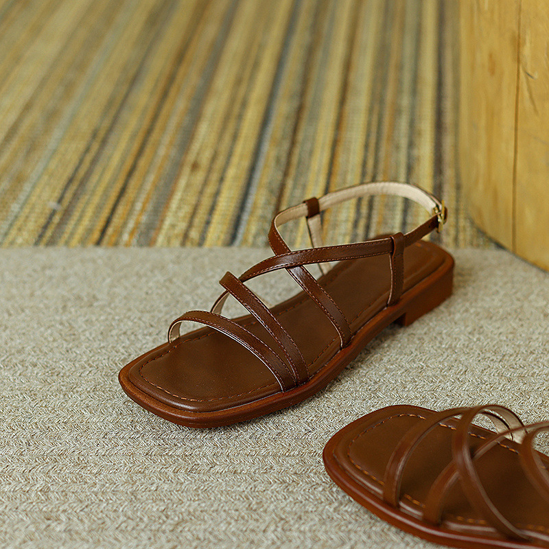 Sandal La Mã dệt cổ điển nữ quai ngang đế bệt — Màu nâu chi tiết 13