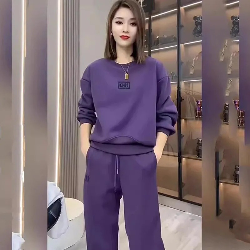 2025 New Autumn and Winter Round Neck Purple Sweatshirt Sports and Leisure Two-Piece Set
