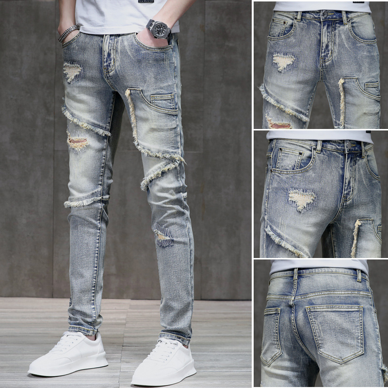2022 Distressed Raw Edge Ripped Splicing Stretch Denim Pants Men's Washed Autumn and Winter New Small Straight Pants