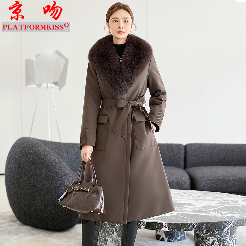 Winter New Down Jacket Women's Long Over-the-knee Fox Fur Collar Pie Overcoming Coat Belt Slim-fit Thickened Coat