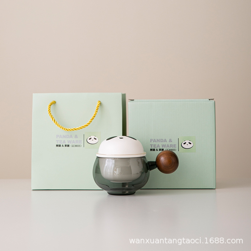 熊猫玻璃茶杯男女茶水分离陶瓷办公室泡茶杯高档可爱水杯木柄礼盒