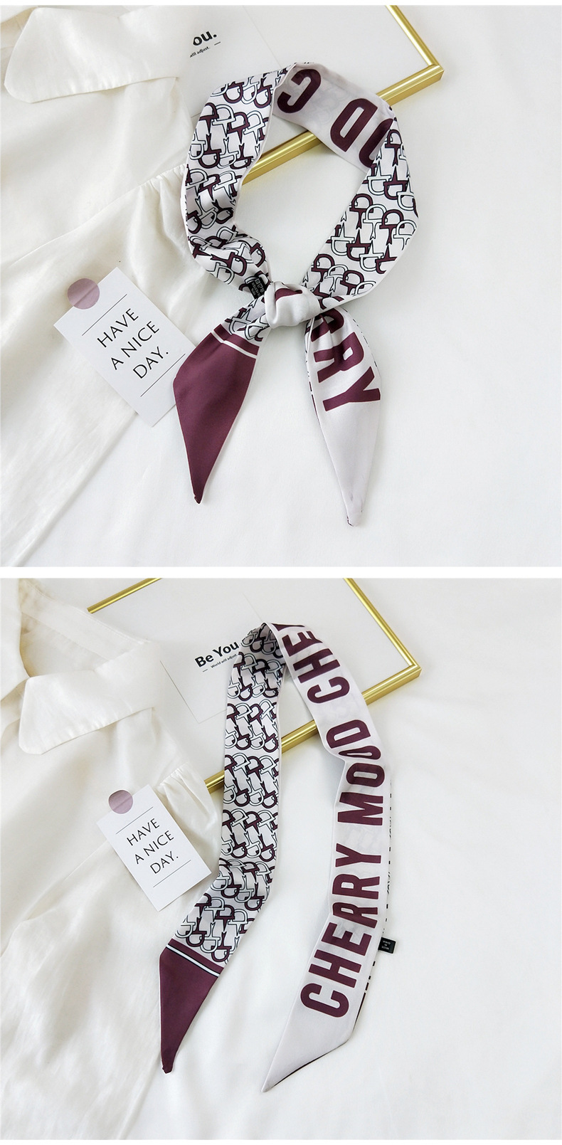30g Weight Silk Scarf Classification Travel Occasion Unisex Gender Sweet Style Khaki, Grey, Pink, Purple, Red, Green, Blue, Black Color Fashion Streamer Printing Bow Silk Scarf Wholesale 30