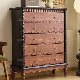 法式复古实木斗柜家用五七斗橱床尾置物柜中古风客厅储物收纳柜w&