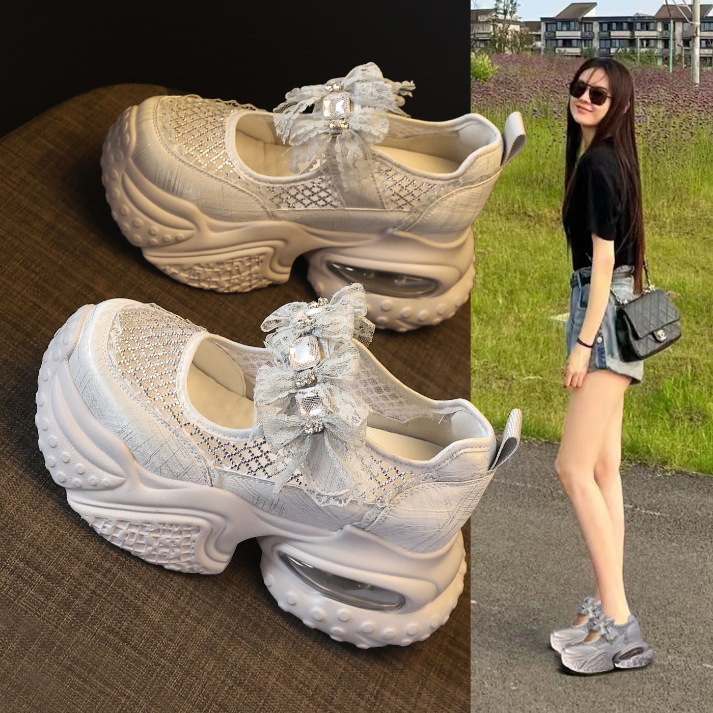Giày sneaker nữ đế dày tăng chiều cao thoáng khí lưới thể thao — màu trắng