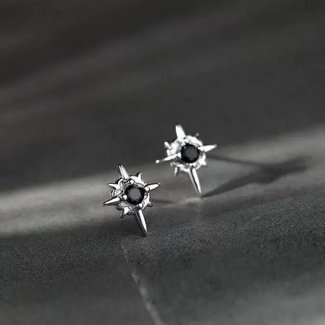Серьги unisex 925 серебро, европейский минимализм «звезда», чёрный или белый камень