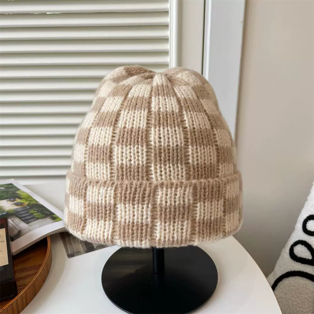 Demi-season double-layer chess, universal keep warm woolen knitted hat, increased thickness, oversize