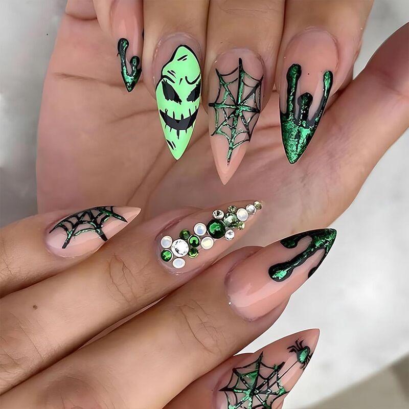 Halloween Wearable Nails Purely Handmade Mid-Length Green Spider Web Manicure Diamond Flash Wearable Nails Fake Nails Halloween Wearable Nails Purely Handmade Mid-Length Green Spider Web Manicure Diamond Flash Wearable Nails Fake Nails