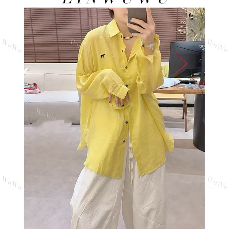 2026 Spring/Summer Simple Style Loose Embroidered Pony Long Sleeve Shirt, Sun Protection, Transparent White, Rose Red, Pink, Black 2026 Spring/Summer Simple Style Loose Embroidered Pony Long Sleeve Shirt, Sun Protection, Transparent White, Rose Red, Pink, Black