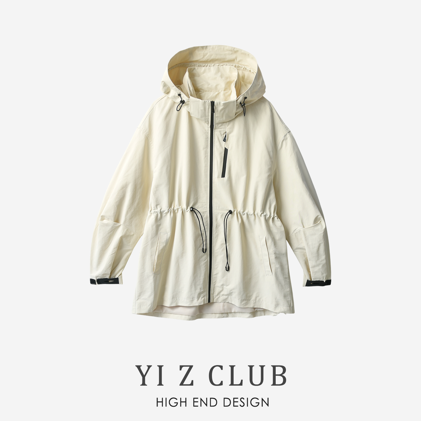 Windbreaker Jacket Women's Black Outdoor Casual Water-Repellent Hooded Drawstring Multi-Pocket Mid-Length Embroidered Couple Jacket