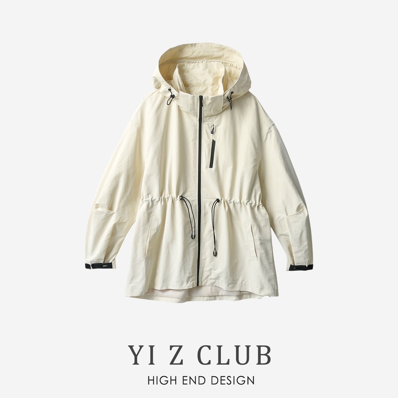 Windbreaker Jacket Women's Black Outdoor Casual Water-Repellent Hooded Drawstring Multi-Pocket Mid-Length Embroidered Couple Jacket