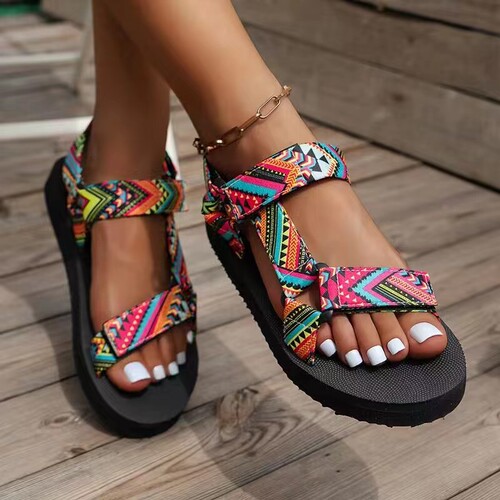 2025 Summer Thick Heel Fabric Ethnic Women's Shoes Fish Mouth Colorful Patch Magic Tape Beach Sandals Plus Size