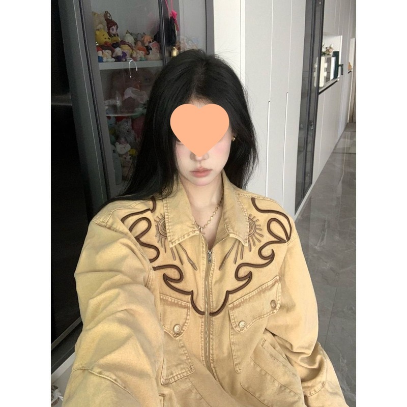 美式复古西部春秋季新款牛仔外套女拉链刺绣夹克宽松个性情侣上衣|undefined