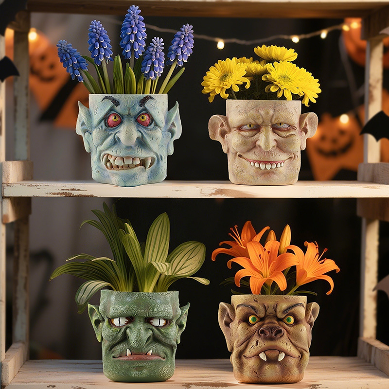  creative face Ghost Head funny horror expression resin flower pot garden desktop succulent green plant pot decoration