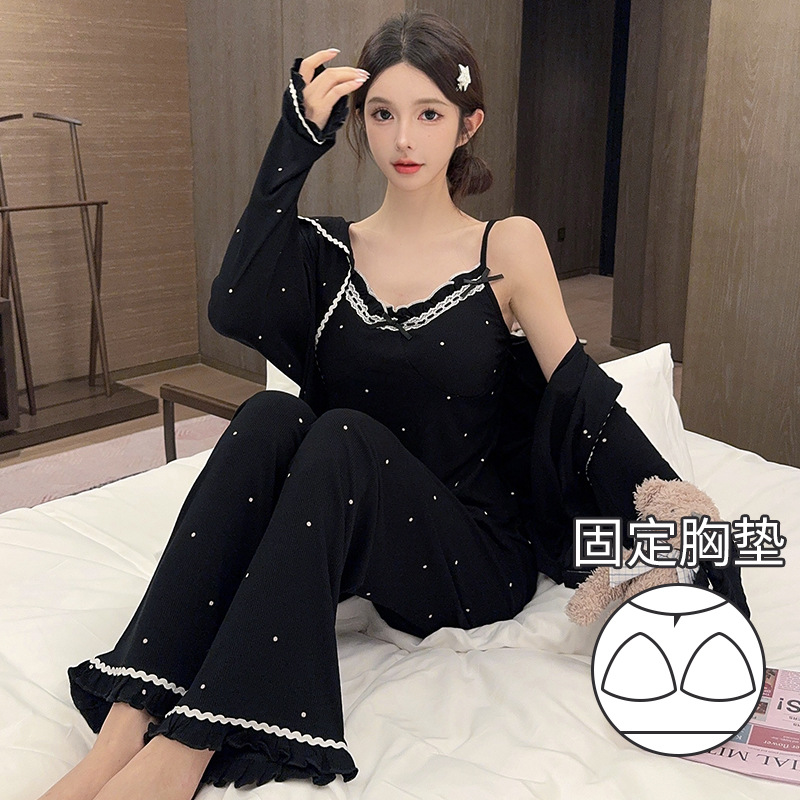 D85303 3종세트(가슴패드 포함) 블랙 도트무늬