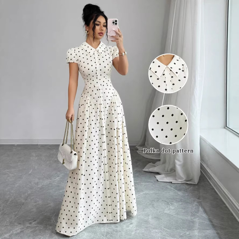 Polka-Dot Short-Sleeved Dress for Women, New Summer Style, French Retro, Age-Reducing, Waist-Slimming, Elegant Long Dress Polka-Dot Short-Sleeved Dress for Women, New Summer Style, French Retro, Age-Reducing, Waist-Slimming, Elegant Long Dress