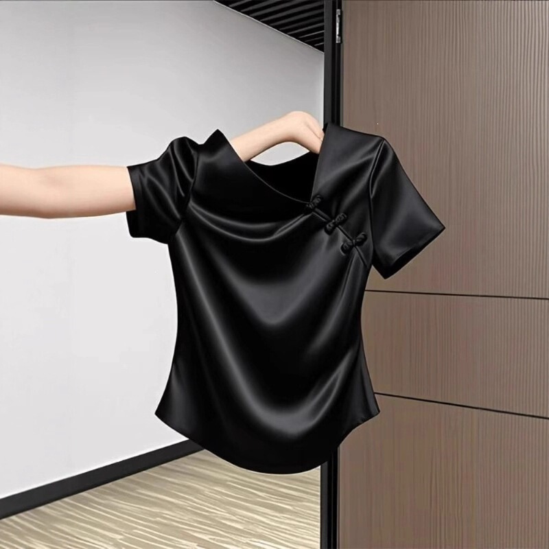 New Chinese-Style National Style Acetate Satin Short-Sleeve Shirt for Women, Summer Plus Size, Flattering for Curvy Figures, Super Stylish Top New Chinese-Style National Style Acetate Satin Short-Sleeve Shirt for Women, Summer Plus Size, Flattering for Curvy Figures, Super Stylish Top