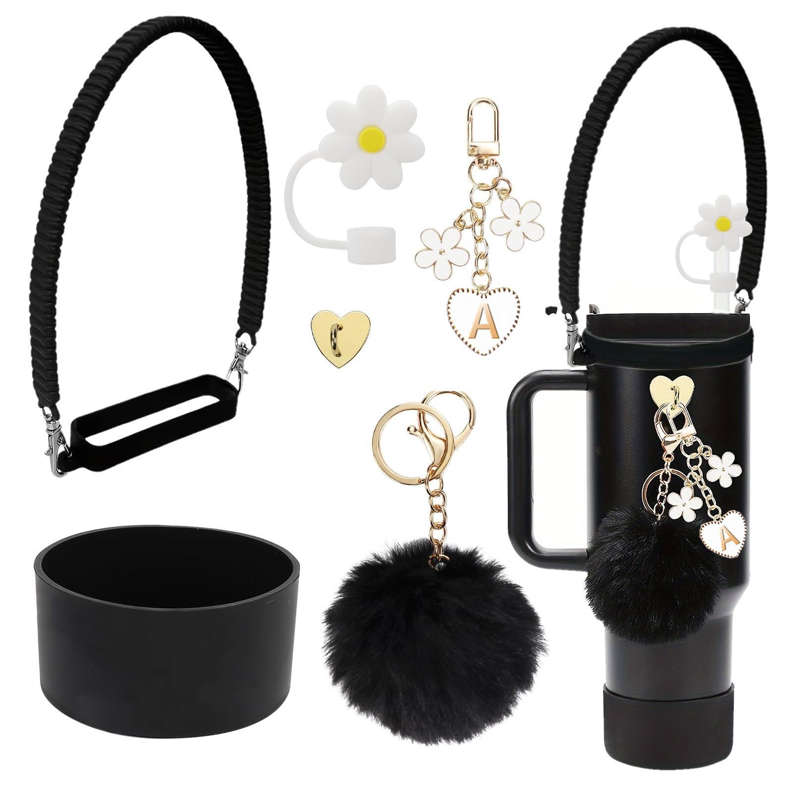 Accesorios de taza Stanley colgante de cuerda de mano flor de silicona gorra de paja de peluche colgante de taza cadena de taza de color cubierta de taza