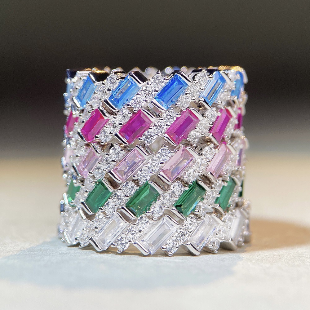 Daily Occasion 925 Sterling Silver Material 925 Sterling Silver Rhinestones Rectangle Rings