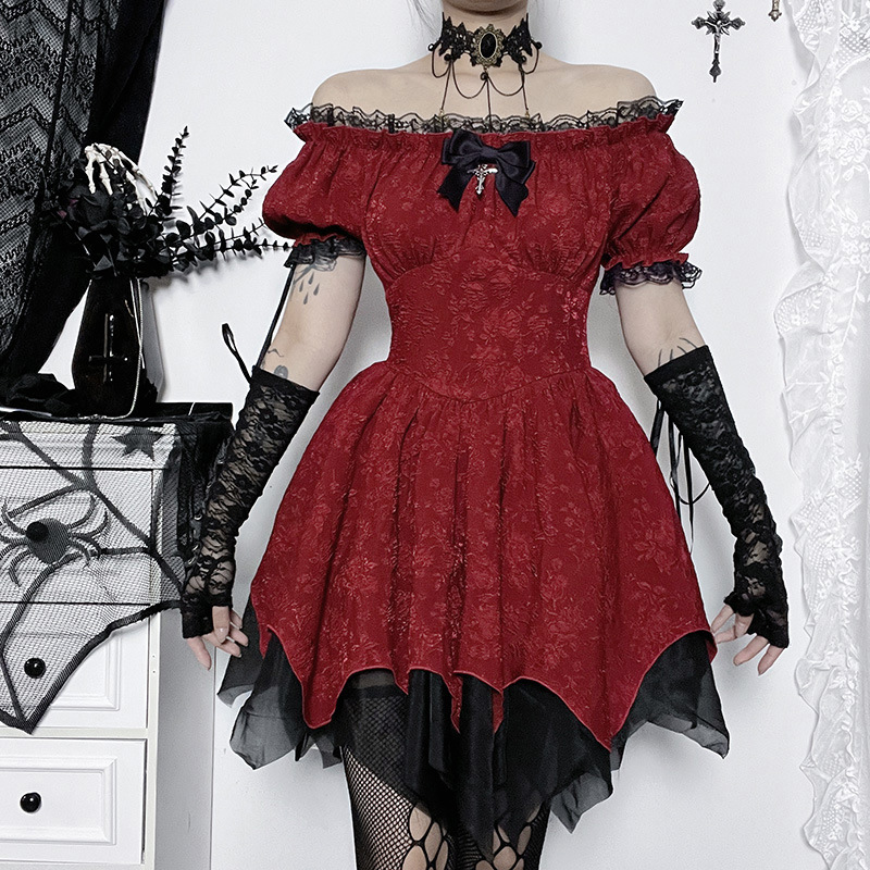 red night gothic collar mini dress Christmas Red Lolita Dress Female Gothic Rock Party Mini Dress Women Retro Dress