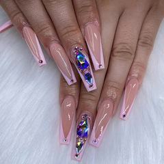 穿戴式美甲長芭蕾粉色穿戴甲長款水鑽美甲成品批發	press on nail