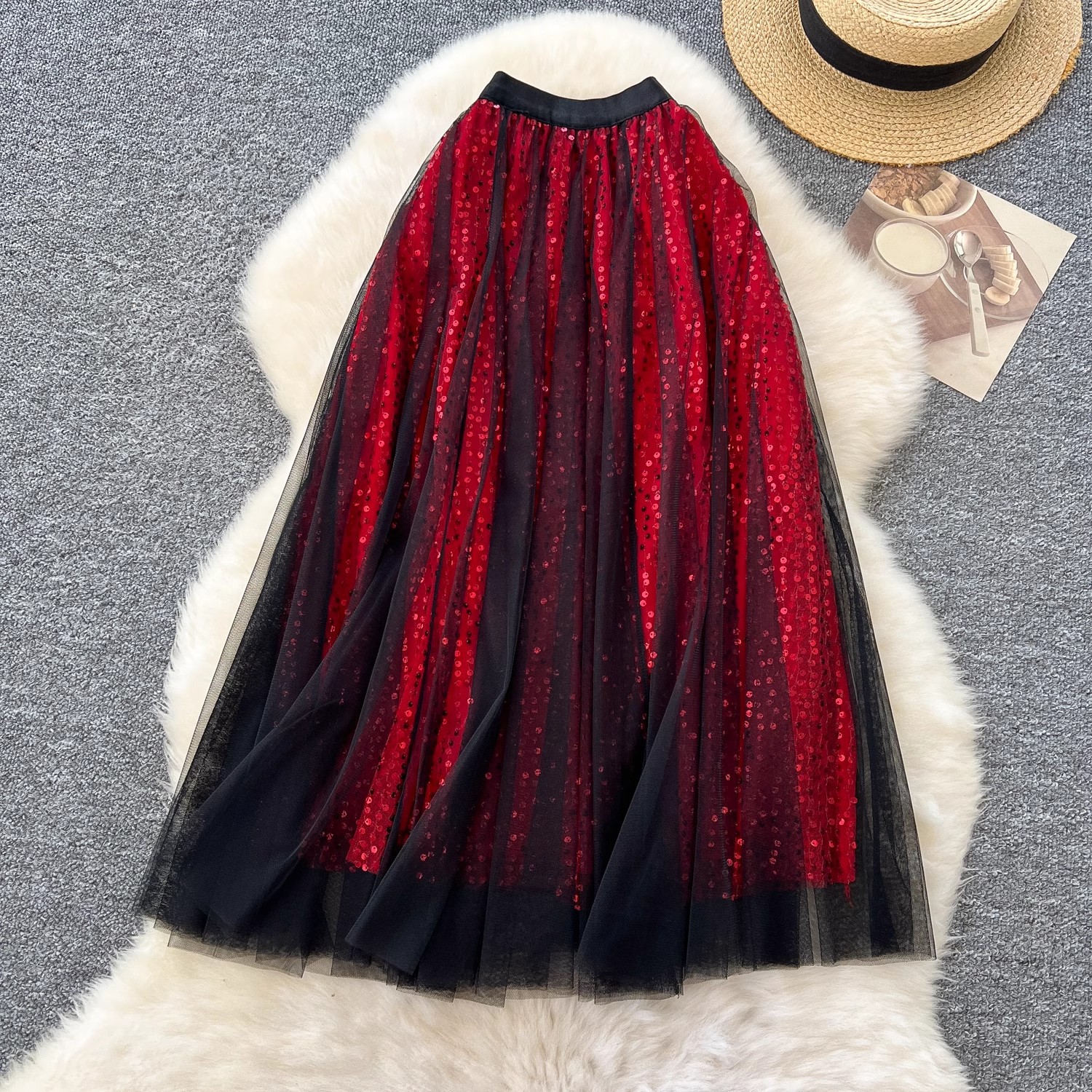 Women's Clothing Fairy Mesh Skirt Winter Elastic Waist Slimming Medium Sequin Velvet Splicing A Line Skirt_voghion.com