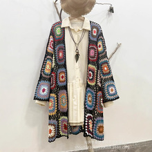 云南大理旅游原创手工复古民族风撞色钩花彩虹长袖镂空针织开衫