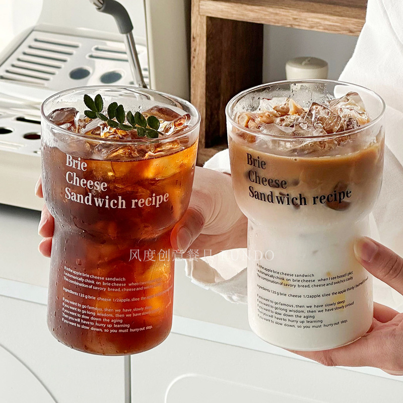 Ins Simple Glass Korean Style Heat-Resistant Letter Logo Cold Brew Iced American Coffee Cup Glass Beverage Juice Cup