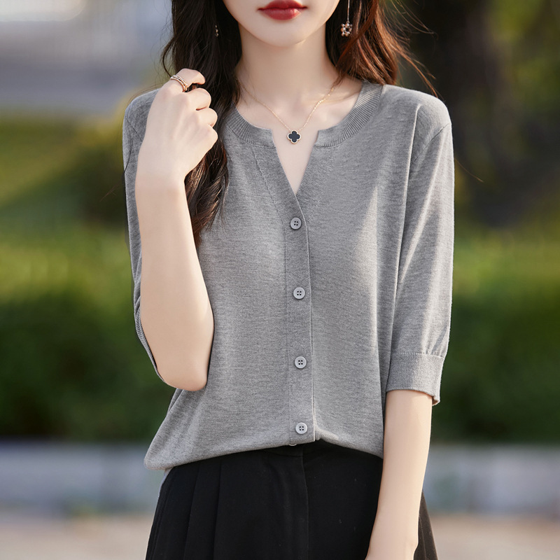 Lyocell Tencel V-Neck Knitted Cardigan Short-Sleeved Women's Summer New Style Simple Pure Color Versatile Mid-Sleeve Top