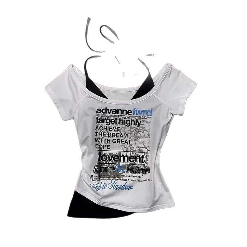 スイートガールホルターネック半袖Tシャツ女性用2025夏新デザイン偽ツーピースショートニッチスリムトップ|undefined