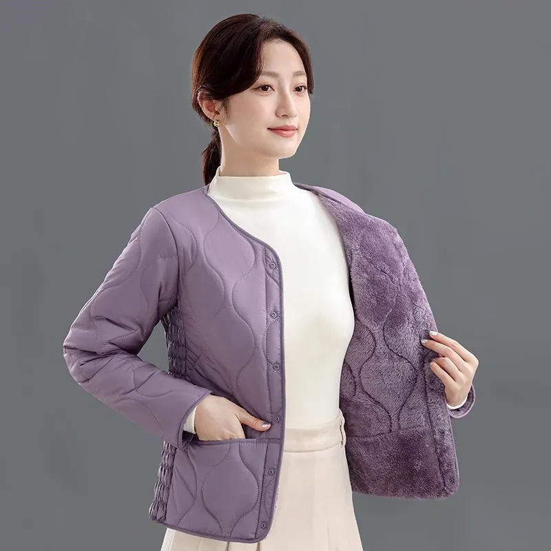 工場卸売 2025 女性のベルベット肥厚綿ライナースリムフィット防寒暖かい中高年ジャケット|undefined