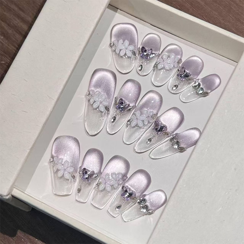 Purple Dress Adult Wear Nails Xiaohongshu Popular High-Value Cat Eye Wear Nails Fairy Versatile Nail Stickers Wholesale