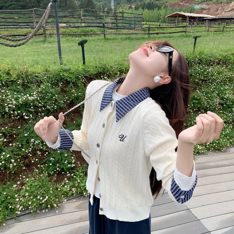 Zeng Xiaoxian Korean-Style Plaid Polo Collar Faux Two-Piece Cable Knit Long-Sleeve Sweater for Women Early Autumn Top