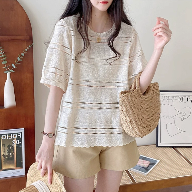 Готовая летняя одежда больших размеров в корейском стиле, шикарный дизайн, элегантная кружевная рубашка с короткими рукавами и цветочным вырезом M 4XL 100kg
