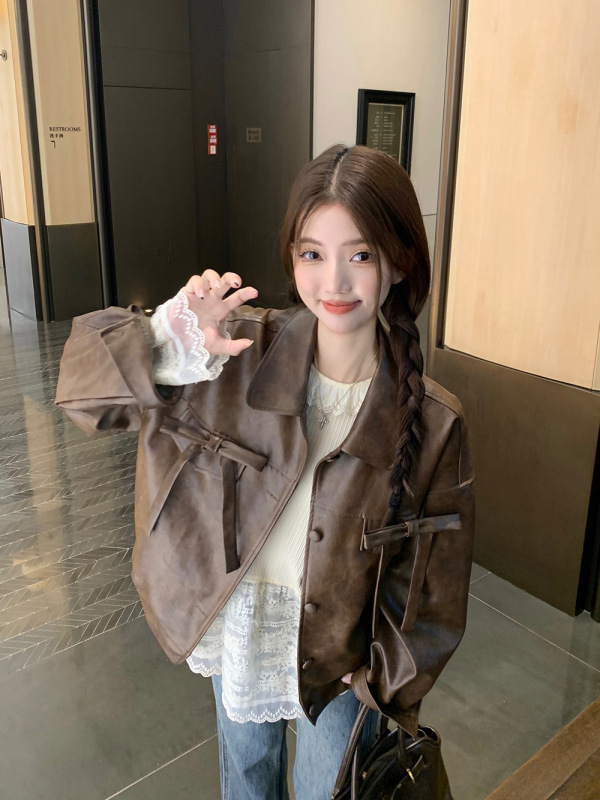 PPHOME美拉德复古蝴蝶结皮衣外套女秋季美式辣妹休闲宽松夹克上衣|undefined
