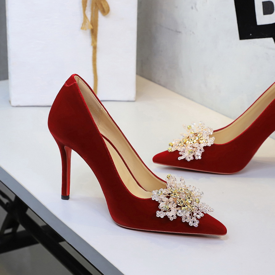 8355-H96 New Chinese Style Thin Heel Shallow Mouth Women's Suede Pointed Toe Wedding Shoes Red Ultra High Heels_vogvips.com