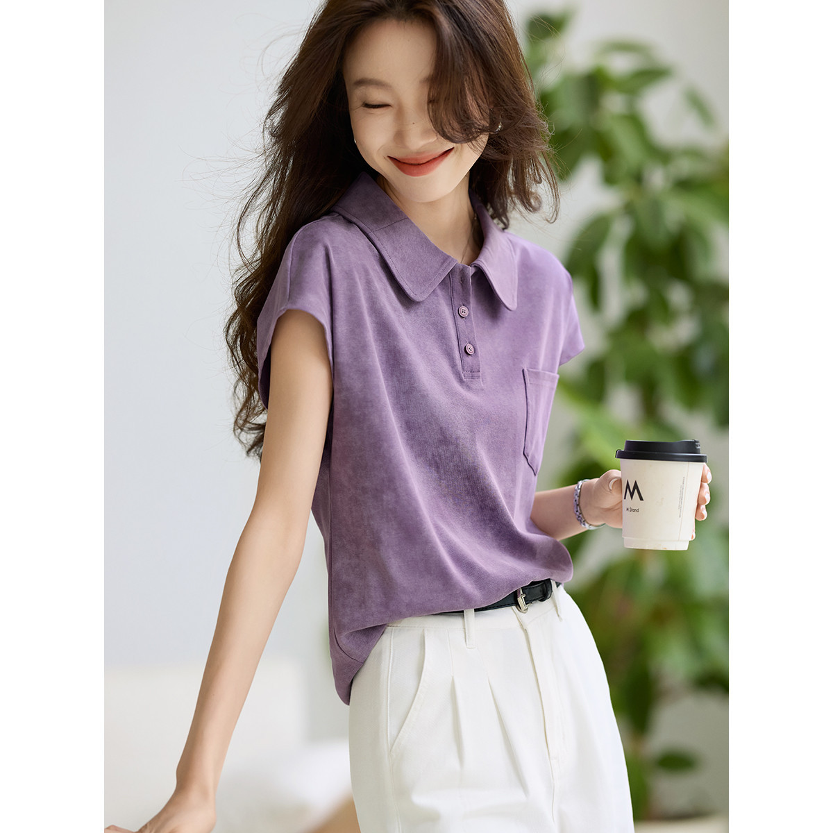Áo thun polo cổ bẻ nữ họa tiết loang màu mùa hè — tím chi tiết 2